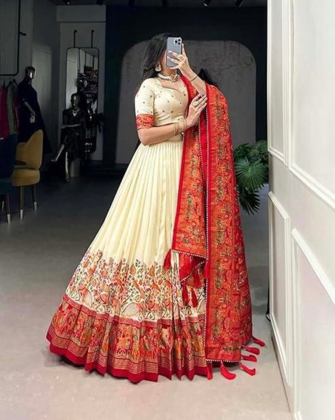 Lehenga choli in Tussar silk with floral and foil Print with Dupatta