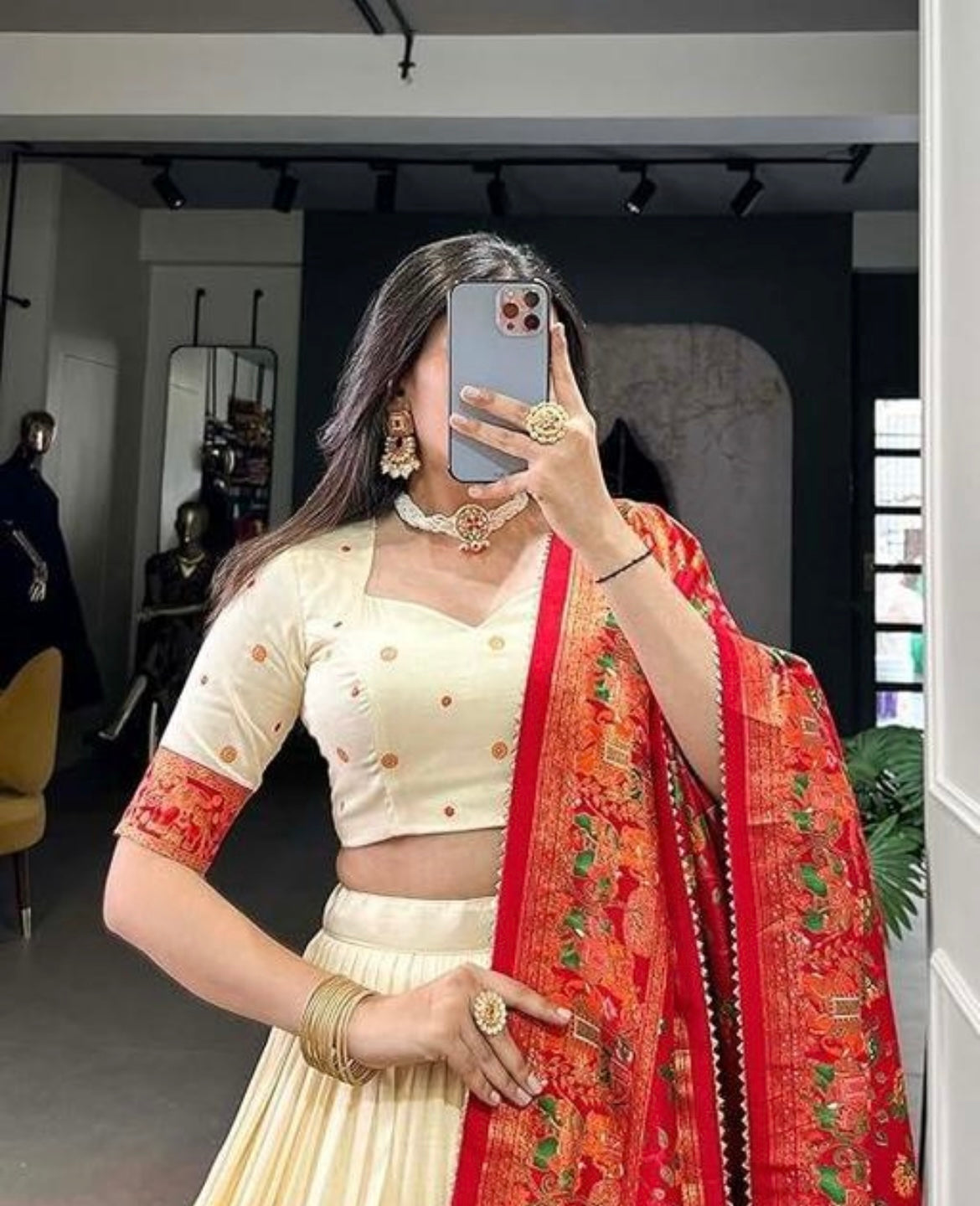 Lehenga choli in Tussar silk with floral and foil Print with Dupatta